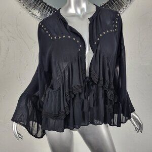 IRO~SZ 36/S~BLACK RUFFLE LACE SEMI SHEER TUNIC TOP BLOUSE PEASANT BOHO HIPPIE